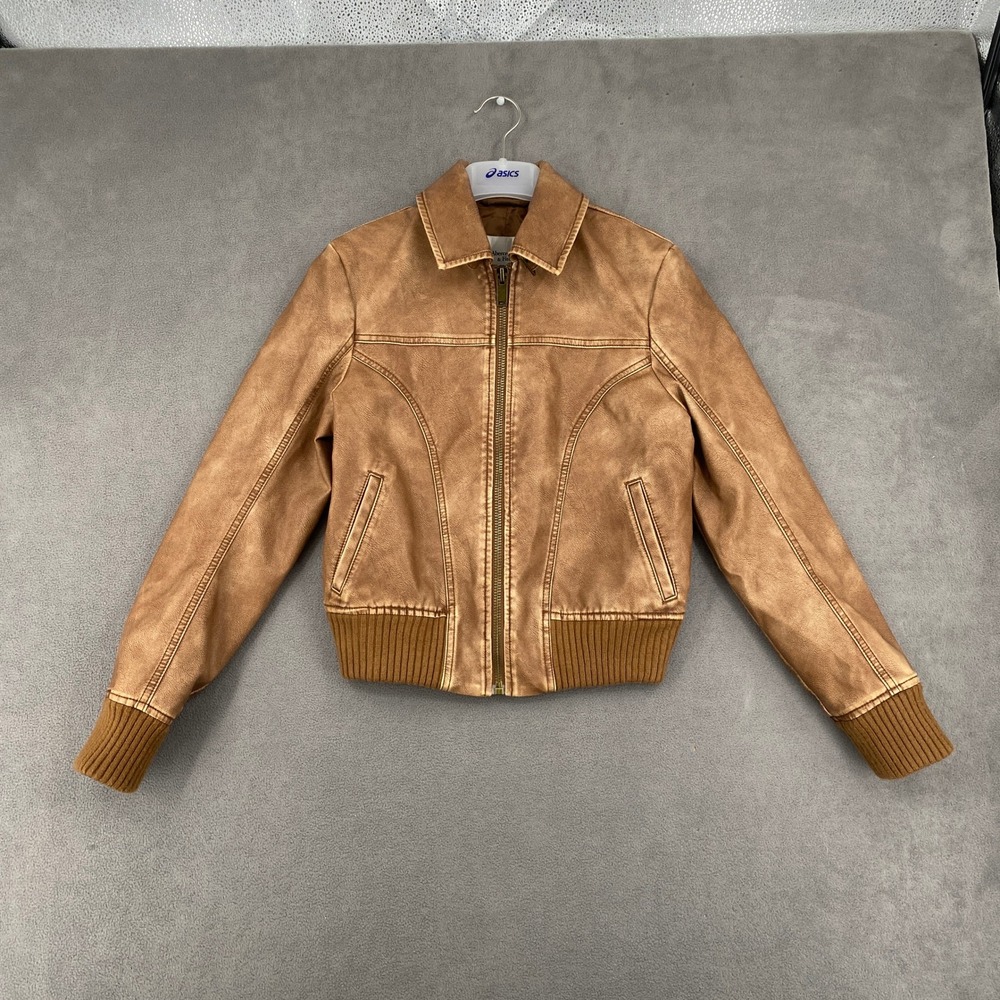 Abercrombie & Fitch Vegan Leather Bomber Jacket Tan Brown Small Zip Up Aviator